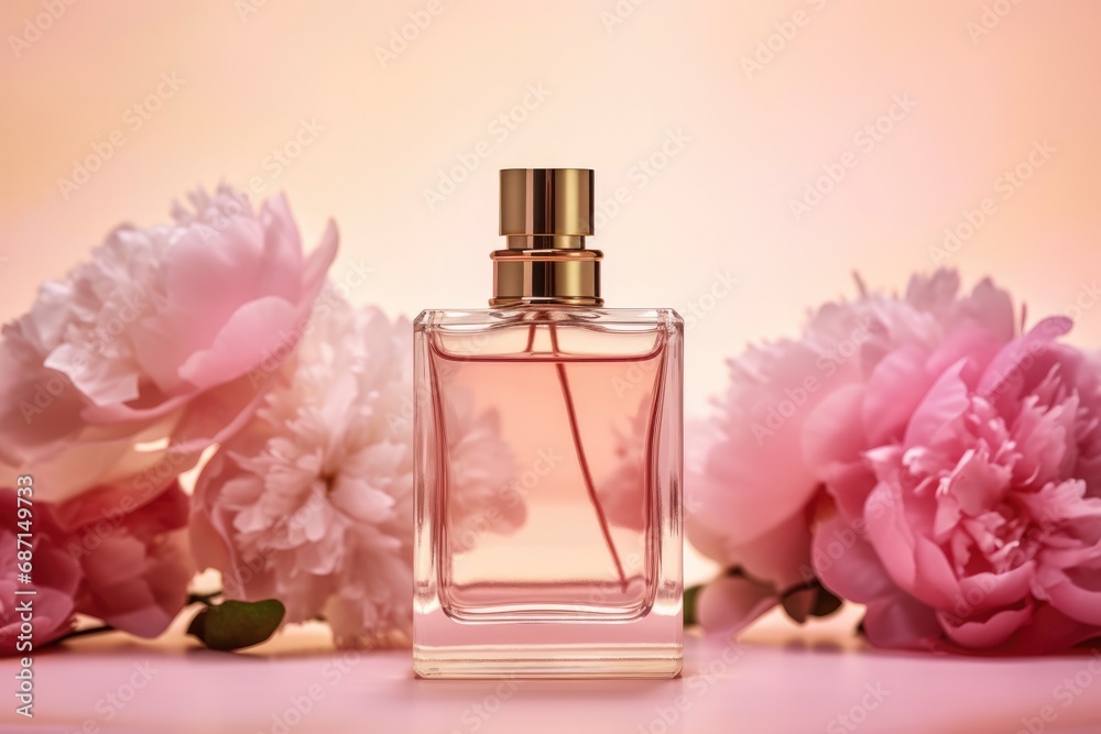 Transparent glass perfume bottle and beautiful peonies flowers on pink background. Women's perfume, eau de toilette, floral scent, mockup for branding Transparent glass perfume bottle and beautiful peonies flowers on pink background. Women's perfume, eau de toilette, floral scent, mockup for branding