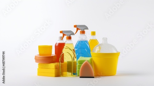 housework, housekeeping and household concept - cleaning stuff on white background