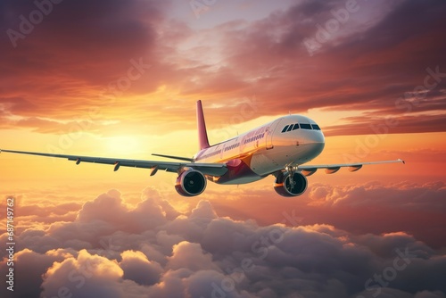 White passenger plane flies in the clouds against the backdrop of beautiful bright sunset. Air transport concept  transportation of people  travel  business
