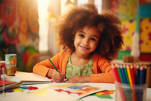 Cute curly child todler girl draws with colored pencils at the table in the children's room, in kindergarten, in developmental classes, art school. Happy kid doing creativity photo