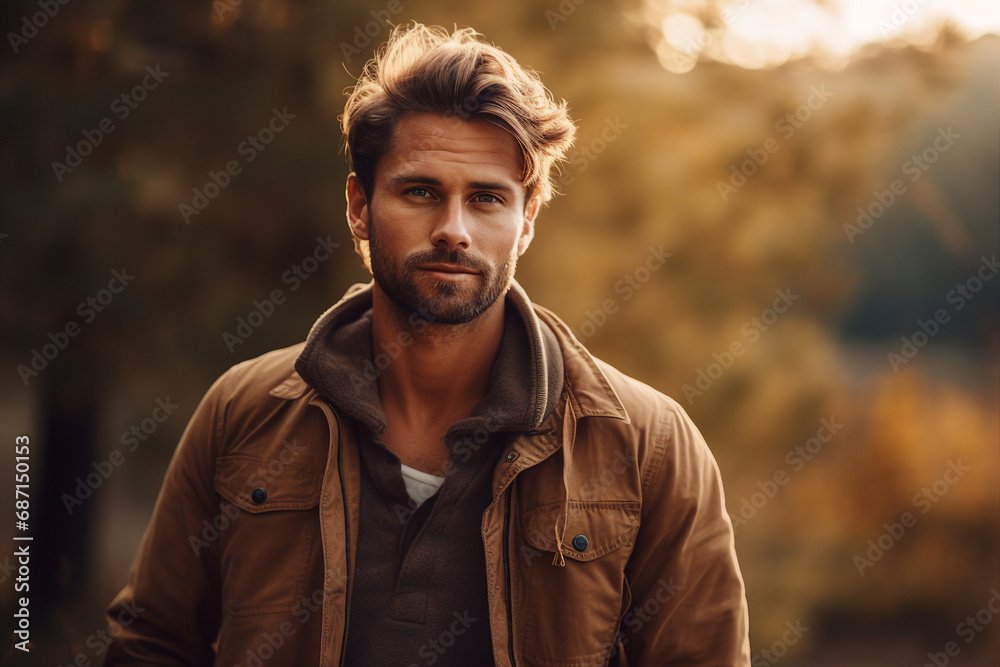 AI generated photography of happy handsome man walking in autumn park