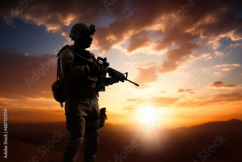A powerful silhouette of a soldier holding a gun against the backdrop of a beautiful sunset. Perfect for military or war-related projects and designs