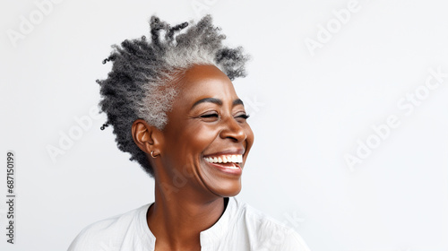 Smiling old black woman portrait on isolated background - ai generative