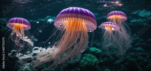jelly fish in the aquarium.a bioluminescent jellyfish illuminating a dark underwater scene