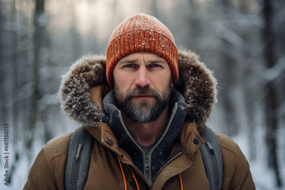 Bearded man guy enjoying wonderful winter weather snowy forest hiker Generative AI Bearded man guy enjoying wonderful winter weather snowy forest hiker Generative AI