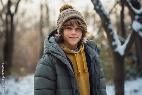 Generative AI portrait of young cute boy teenager in snowy forest tree magic atmosphere