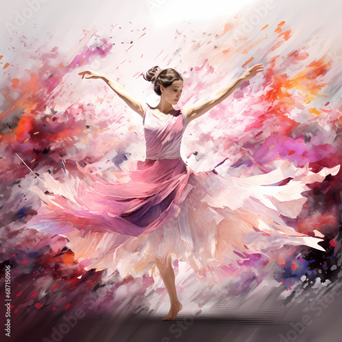 a digital ballet featuring abstract sakura elements with watercolor-inspired strokes, a whirlwind in an oasis playing with shadows and light