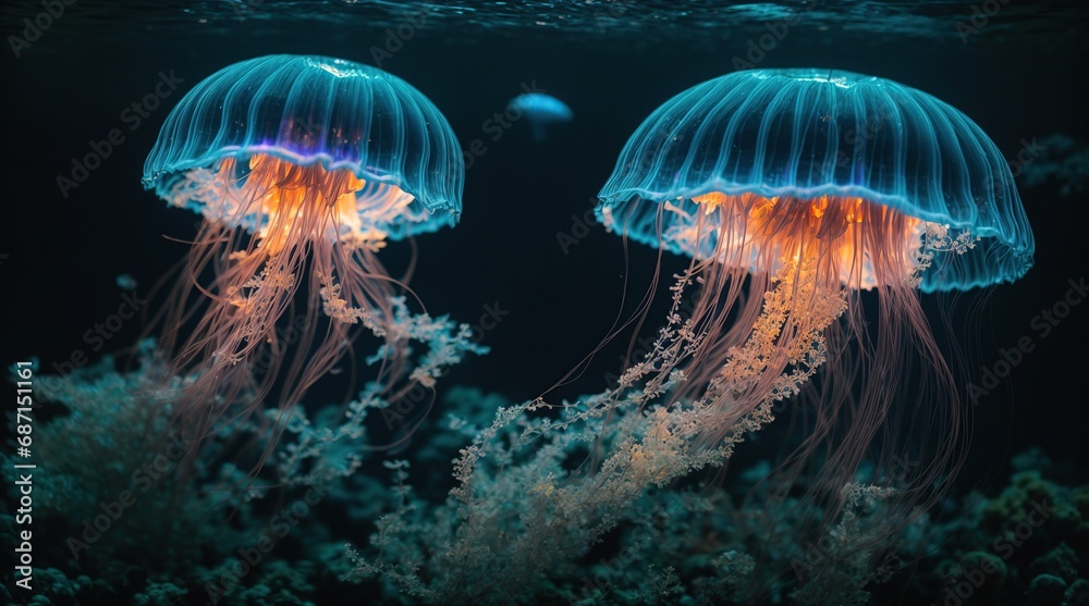 jelly fish in the aquarium.a bioluminescent jellyfish illuminating a dark underwater scene 