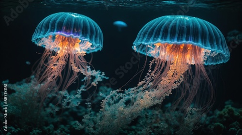 jelly fish in the aquarium.a bioluminescent jellyfish illuminating a dark underwater scene  © LIFE LINE