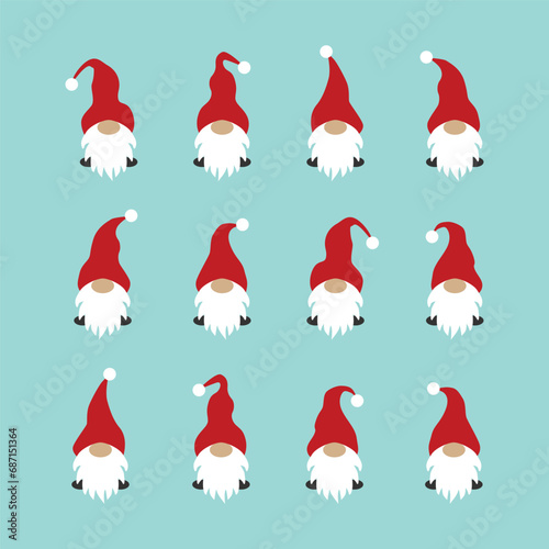 Christmas gnome. Set of New Year's gnomes on blue. Dwarf and elf are Santa Claus' assistants. Flat. Vector illustration. EPS10