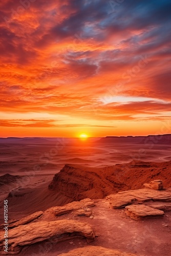 A stunning image capturing the setting sun over the desert landscape. Perfect for travel brochures  nature blogs  and inspirational quotes