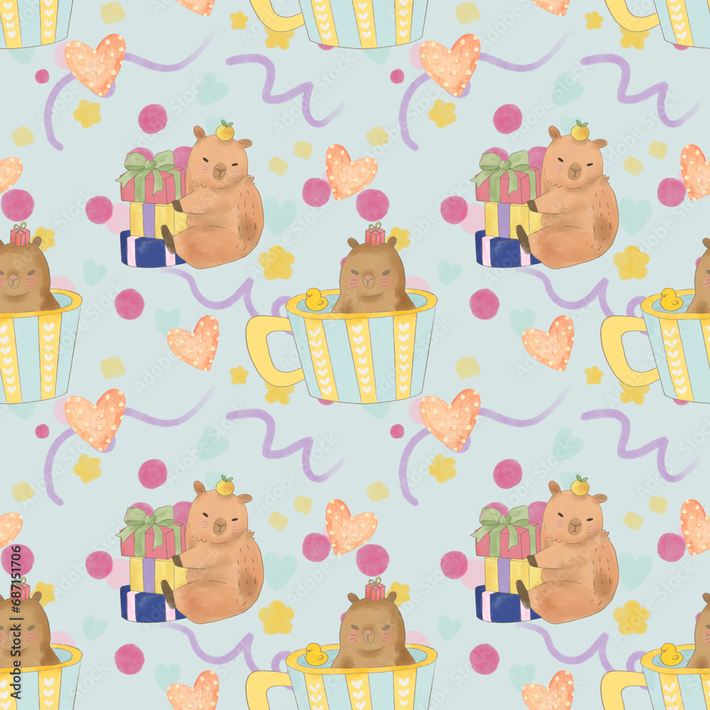 Obraz premium Watercolor animal woodland zoo farmer party cute doodle cartoon style seamless pattern Ideal kids design