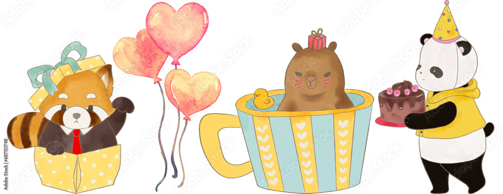Naklejka premium Happy birthday concept animal set. Collection of adorable ribbon dessert balloon. Birthday party funny elements doodle watercolor character illustration