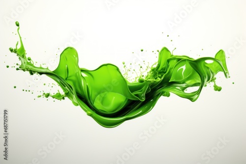 Green liquid dense dark paint splash on white wall, high detail. Generative AI