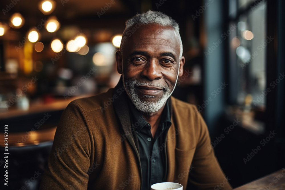 Generative AI portrait of confident city citizen person enjoying weekend time drinking coffee in modern cafe Generative AI portrait of confident city citizen person enjoying weekend time drinking coffee in modern cafe