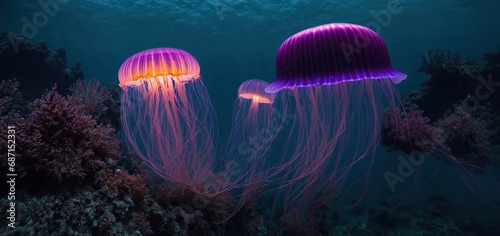 jelly fish in the aquarium.a bioluminescent jellyfish illuminating a dark and mysterious underwater landscape panaromic photo