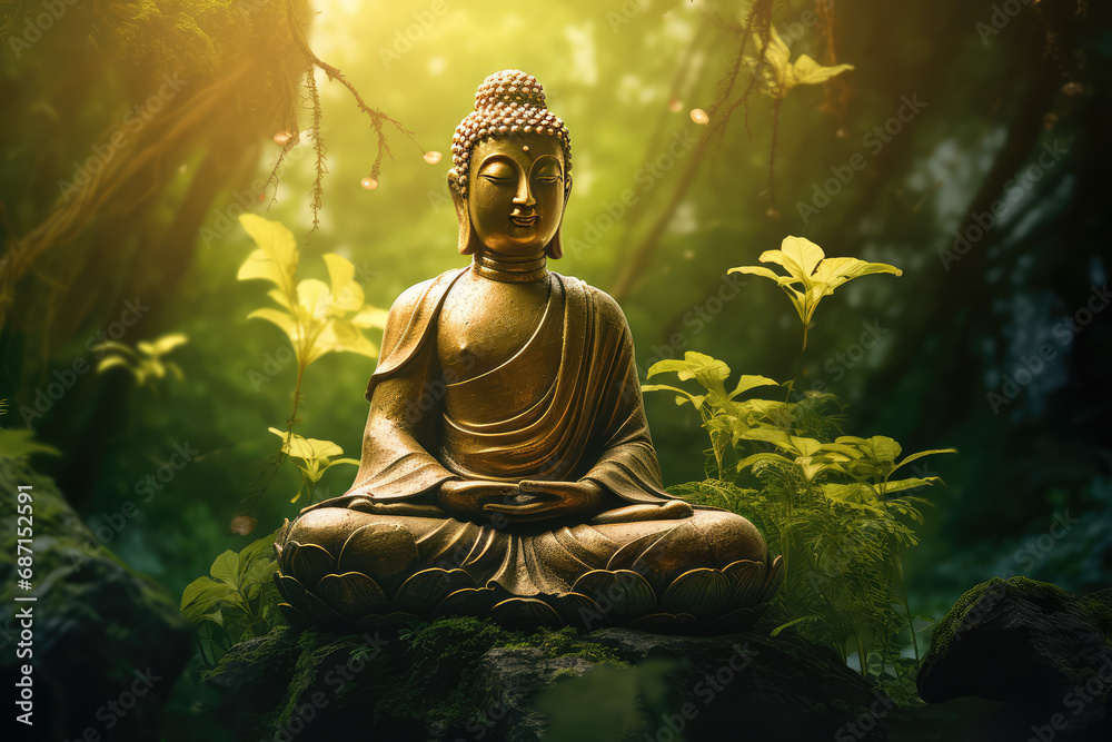 Glowing golden buddha in zen garden