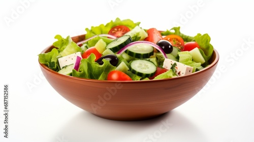 Salad with cheese and fresh vegetables isolated on white background. Greek salad.