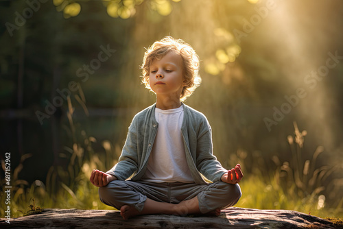 cute little boy meditating  nature background