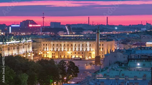 Timelapse offers a night view of Saint Petersburg, including Palace Square, from the vantage of St. Isaac's Cathedral. Captured at dawn's approach, this top view showcases the city's allure. Russia photo