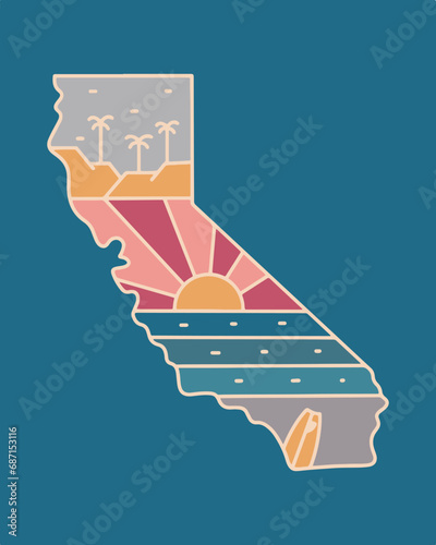 Summer beach design in California map mono line illustration for t shirt sticker badge design
