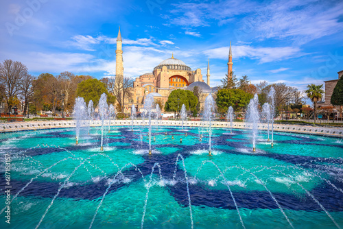 The Hagia Sophia Grand Mosque and fountain in Istanbul view