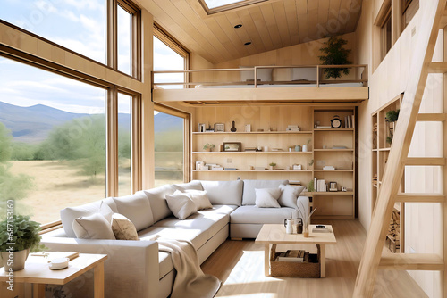 Minimalist and elegant two-story wooden tiny house interior in countryside, neutral colors, sustainable lifestyle, Space-saving apartment interior © Kate Simon