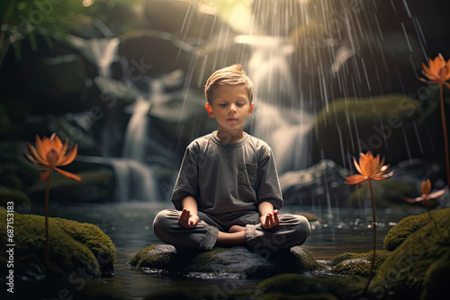 cute little boy meditating, nature background