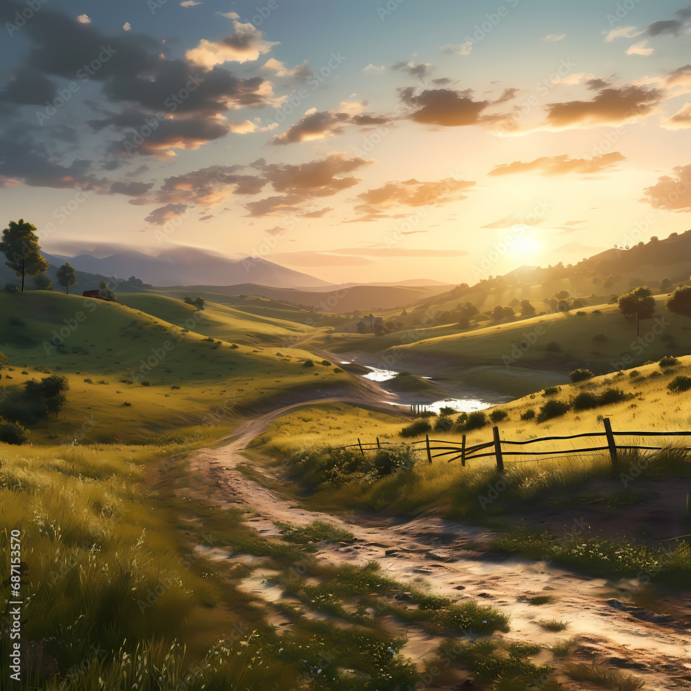 a calm countryside scene with a dirt road and rolling hills