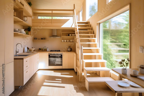 Minimalist and elegant two-story wooden tiny house interior in countryside  neutral colors  sustainable lifestyle  Space-saving apartment interior