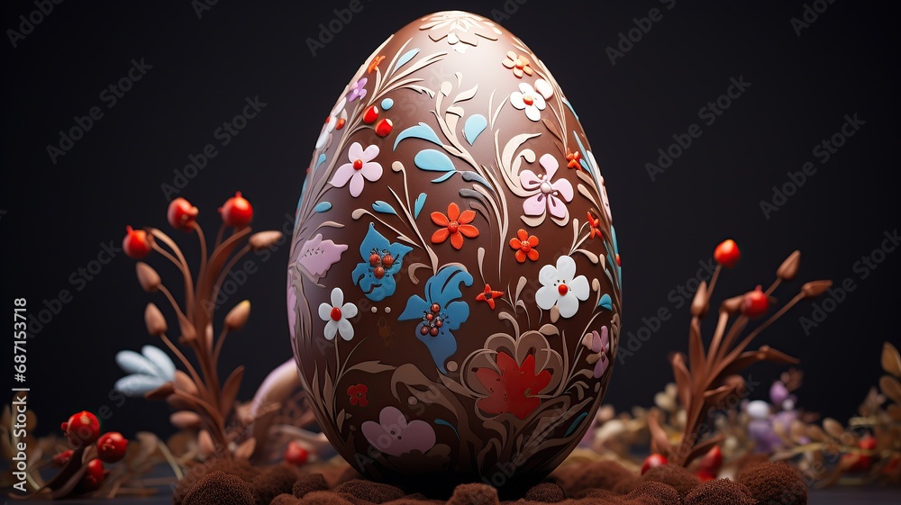 close up horizontal view of a decorated chocolate easter egg AI generated