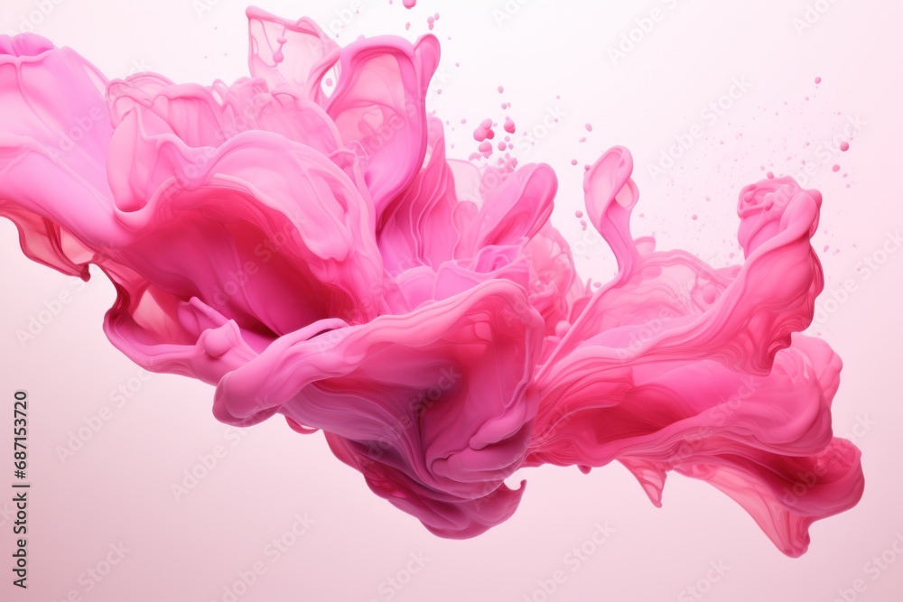 Pink liquid dense dark paint splash on white wall, high detail. Generative AI