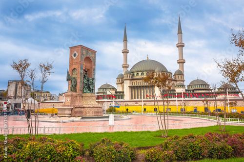 Taksim square in Istanbul mosque and street view photo