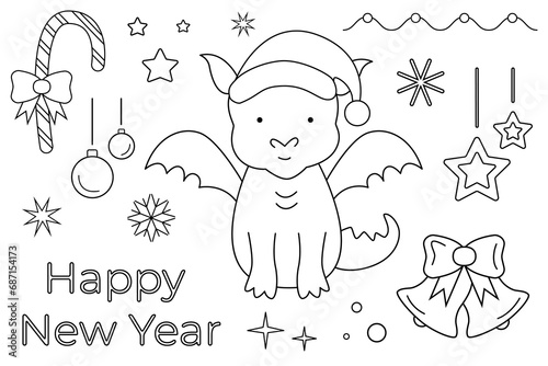 Christmas objects set. Line vector illustration. Drawing of little dragon in New Year hat. Holiday decoration, Christmas bells, candy cane, stars and snowflakes. Happy New Year greeting text design.