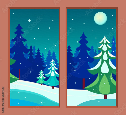 view through the window of a winter forest on a moonlit night during snowfall