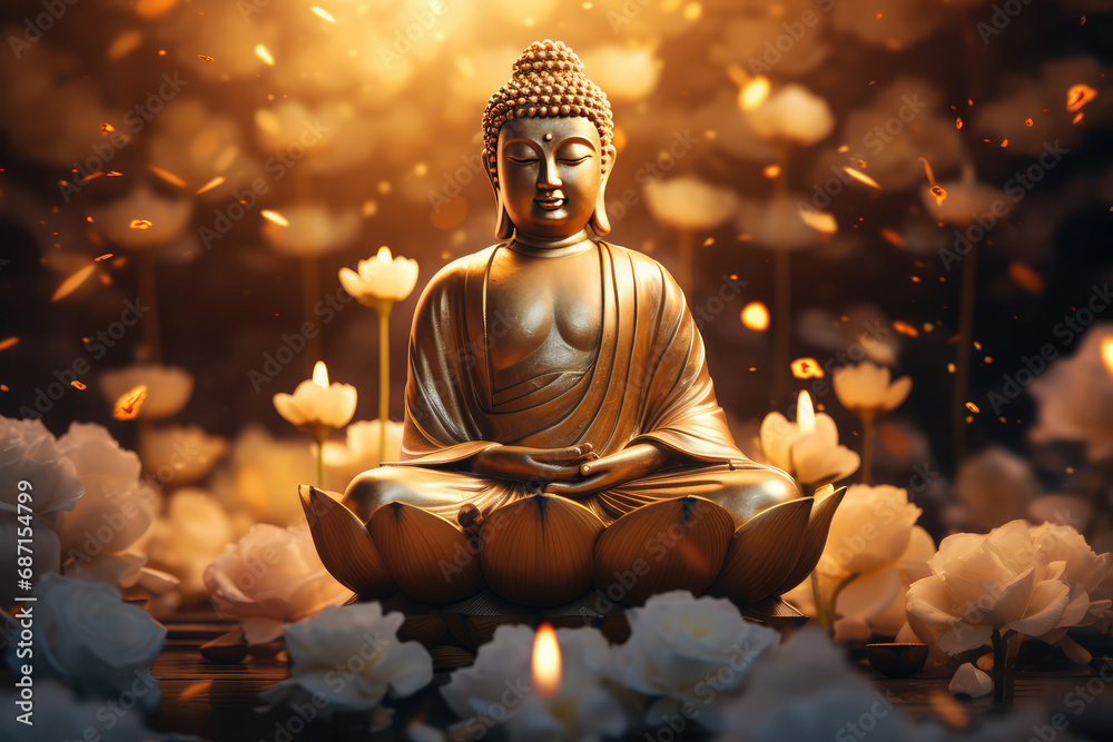 Glowing golden buddha with lotuses in heaven light
