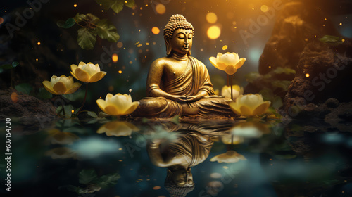 Glowing golden buddha with lotuses in heaven light