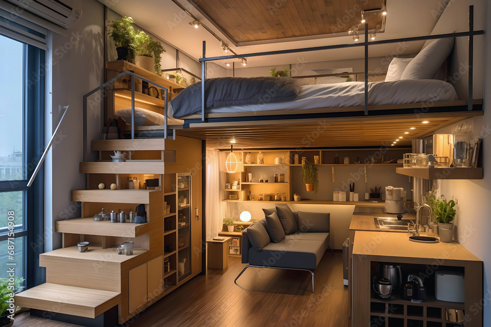 A compact studio apartment with space-saving furniture and multifunctional design, Space-saving apartment interior A compact studio apartment with space-saving furniture and multifunctional design, Space-saving apartment interior