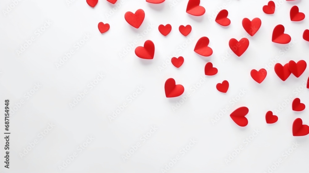 Valentine day background with red hearts, top view on isolated super white solid color background
