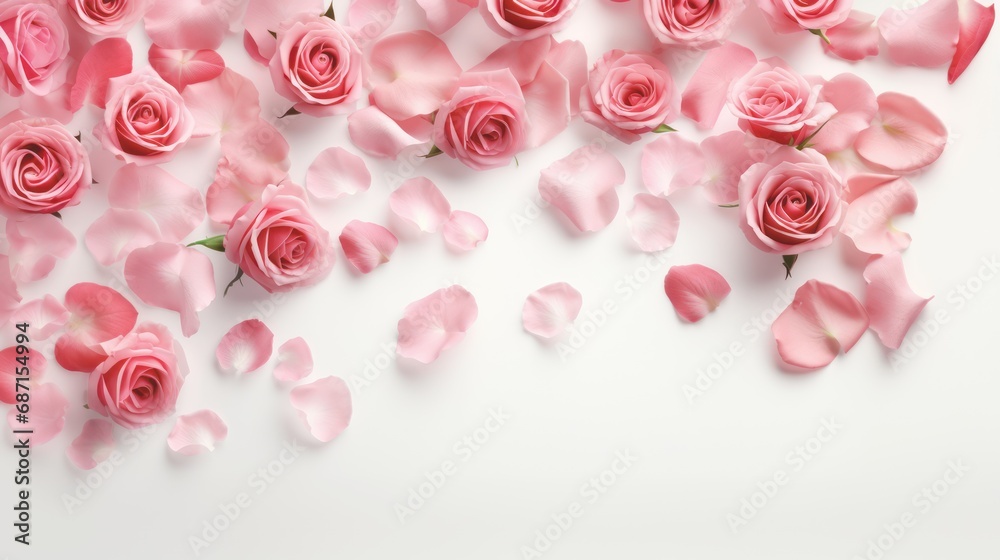 Women and mothers day banner. Pink rose petals on white, copy space Women and mothers day banner. Pink rose petals on white, copy space