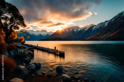 sunset at lake wakatipu, queenstown new zealand landscape--