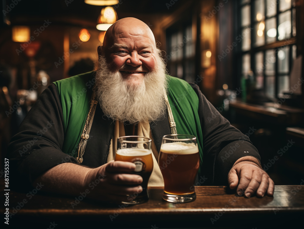 Portrait of a very satisfied Irish monk sitting in a rustic retro Irish pub with a mug of dark frothy beer celebrates St. Patrick's Day