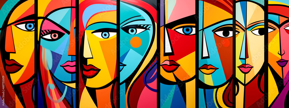 colorful artistic graffiti of women in cubist and pop art style. legal ai
