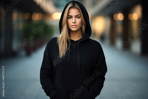 Young female wearing black blank hoodie with space for your logo or design, Mockup for print. Generative AI