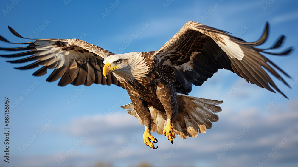 Obraz premium close-up of White tailed eagle fly in the air. blue sky background.