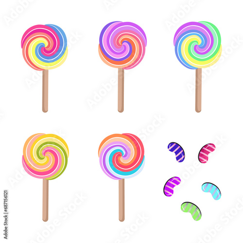 colorful candy and lollipop vector illustration in set