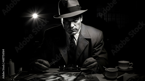 Detective  at a desk with black background