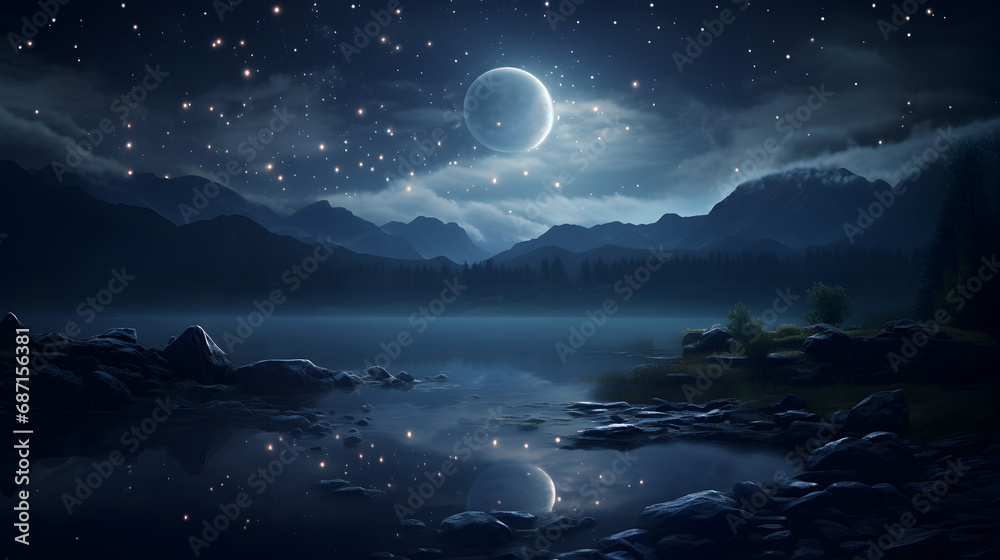 Moon light forest and nature landscape at night