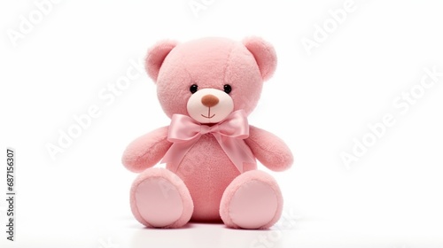 Cute pink bear doll with bow isolated on white background with shadow reflection. Playful bright pink bear sitting on white underlay. Teddy bear plush stuffed puppet with ribbon on white backdrop.