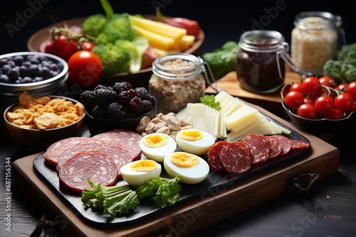 Assortment of delicious healthy food on a dark background